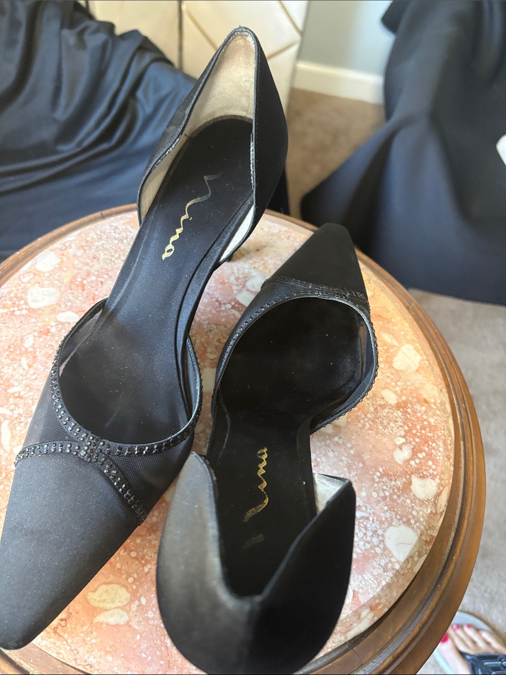 Vaneli Black D'Orsay Pointed-Toe Heels with Rhinestone Strap